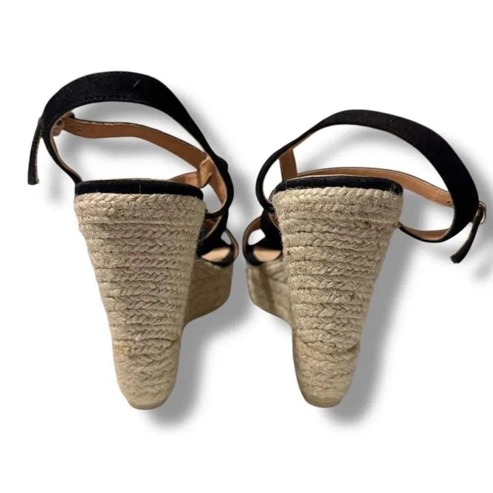 Anthropologie Maypol Espadrille Wedge Sandal 9.5 Black Suede Coastal Resort Chic